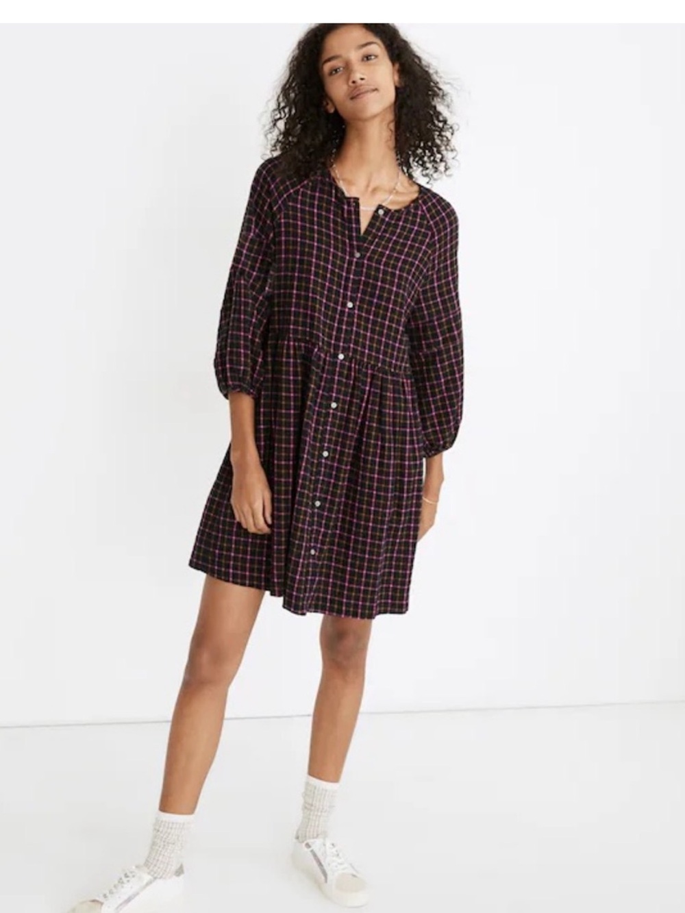 Madewell Black Plaid Dress with Pink & Brown Grid